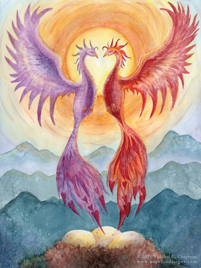 "Phoenix Hearts" watercolor painting by Victoria K. Chapman. ©2016.