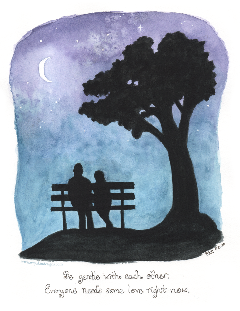 Two people sit on a bench under a tree beneath the moon and stars. A watercolor illustration by Victoria K. Chapman (www.weyakindesigns.com)